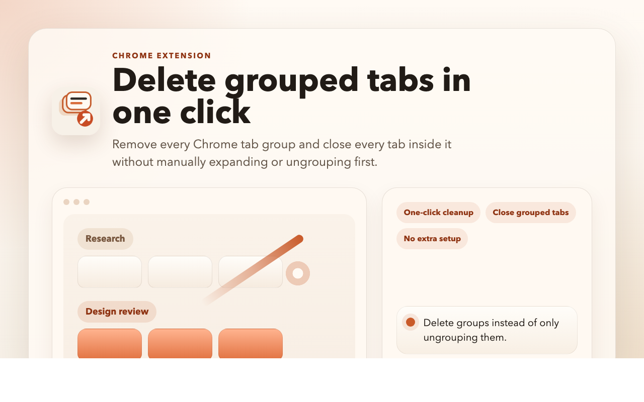 Delete Tab Groups Chrome extension one-click cleanup removing every tab group and closing the tabs inside them